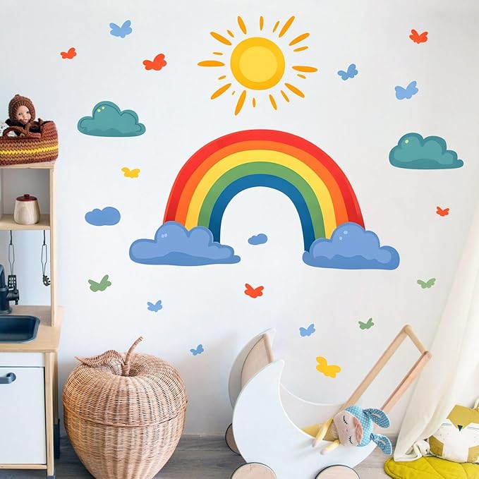 Eutecado Rainbow Wall Decals Watercolor Sun Cloud Wall Stickers for Kids Room, Cute Cloudy Rainbow Wall Decor Butterfly Sun Decorations Peel and Stick Removable Decals for Girls Room Nursery