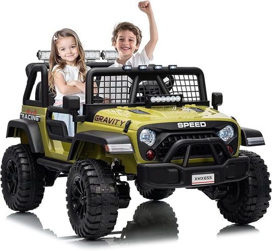 24V 2-Seater Kids Electric Truck with Parent Remote Control, 100Min Ride-on Car, 4WD Dual Motor, 2 Speeds, Spring Shock Absorber, LED Headlights, Siblings Gift Kids Electric Vehicle, Green