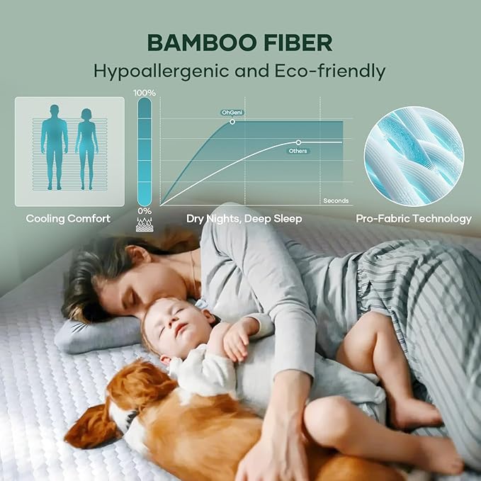 OhGeni 100% Waterproof Mattress Protector,California King Mattress Soft Pad,Pet Hair & Bedwetting Resistant,Cooling Fitted Sheets,Washable Bed Cover,Non-Slip Deep Pocket,Noiseless for Taller Person