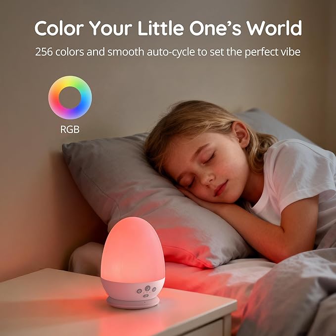 JolyWell Night Light for Kids, Baby Night Light with Sound Machine, RGB Egg Night Light for Nursery, Stepless Dimming, Touch Control, Night Lamp for Kids Bedroom, Safe & Harmless, Eye-Caring