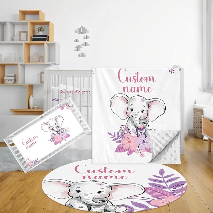 Personalized Baby Bedding Set - 3 Pcs Custom Name Crib Bedding Set for Nursery, Soft Double Layer Baby Crib Set for Boys Girls, Customized Gifts for New Parents Infant Toddler, Purple Elephant