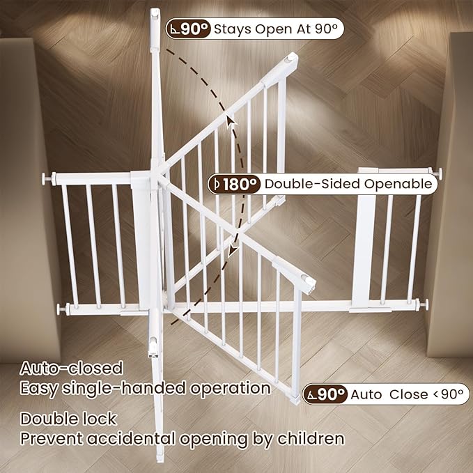 Mumeasy 29.6-46" Baby Gate for Stairs, Pressure Mounted Dog Gate for Doorways, Auto Close Pet Gate for Indoor Use, Extra Wide Child Gate with Walk Thru Door White, Mom's Choice Awards Winner
