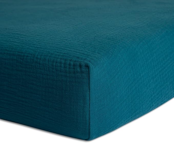 Meracorallo Muslin Fitted Crib Sheet, Soft and Breathable Solid Color Baby Crib Sheet for Standard Crib and Toddler Mattresses (Teal Blue)