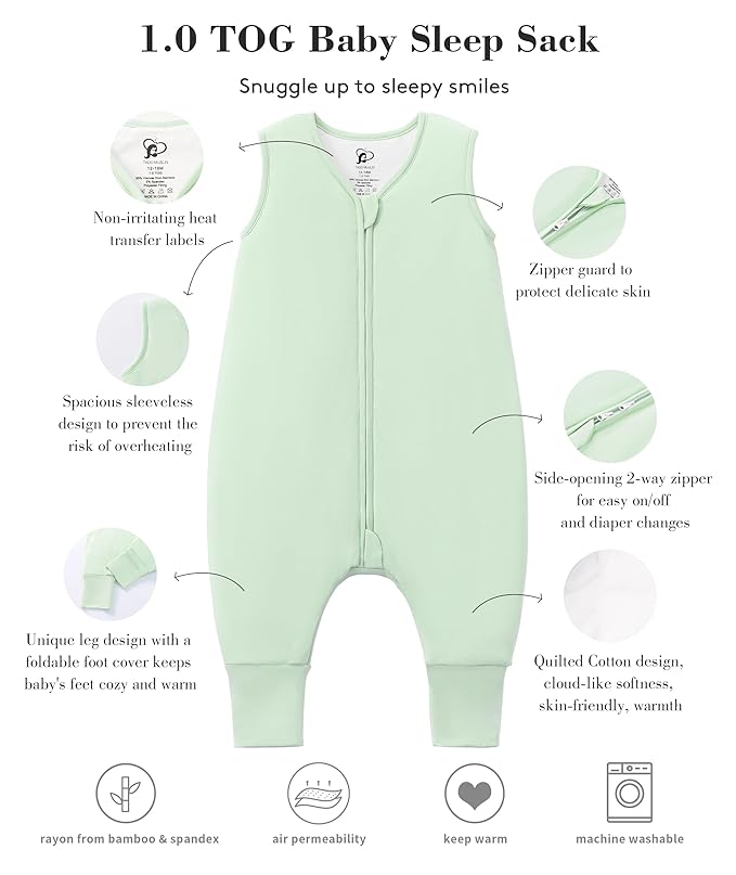 Baby/Toddler Sleep Sack with Legs, Rayon from Bamboo 95% + 5% Spandex, 1.0 TOG, 2‑Way Zipper Sleeping Bag, Walker‑Friendly 18-36M Green