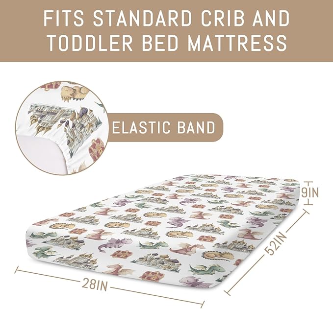 Fairytale Dragons Baby Crib Sheets for Boy Girl Fantasy Dragon Castle Treasures Soft Snug Fitted Crib Mattress Covers for 52''x28'' Standard Crib & Toddler Mattress Magical Animal Bed Sheets