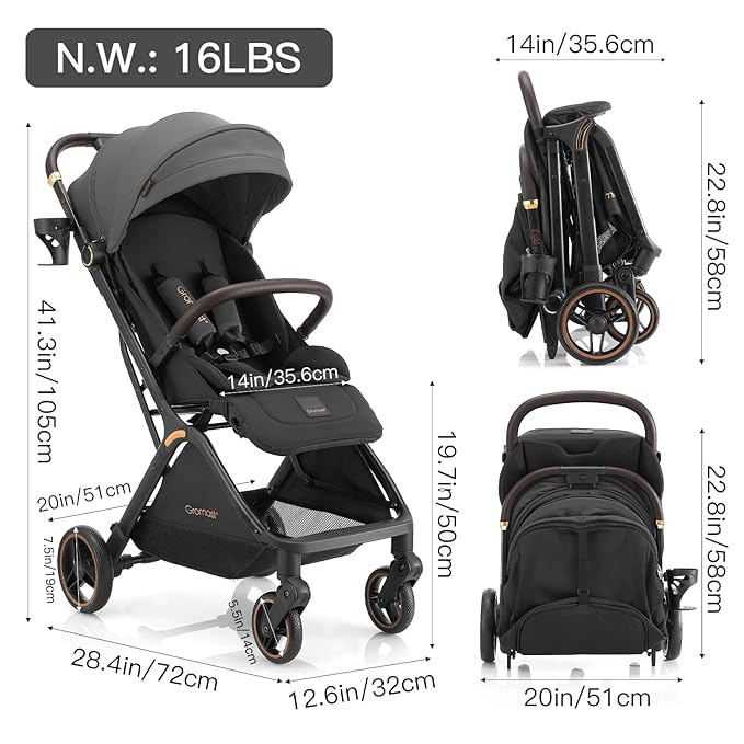 Gravity Folding Baby Stroller - Portable Travel Toddler Stroller w/Adjustable Backrest, Canopy, Footmuff & Cup Holder, Lightweight and UV Protected, One-Hand Automatic Folding - Dark Gray