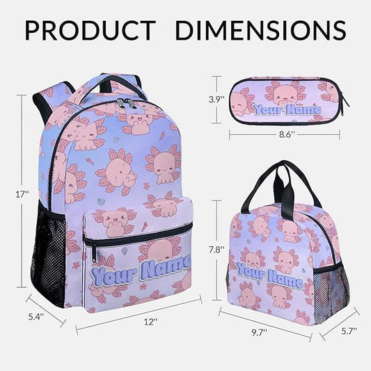 COZYAURA Personalized Backpacks for Girls - 3Pcs Cute Bookbag for Kids - Axolotl School Bag for Girls - Kids Backpacks with Lunch Box Pencil Case Set