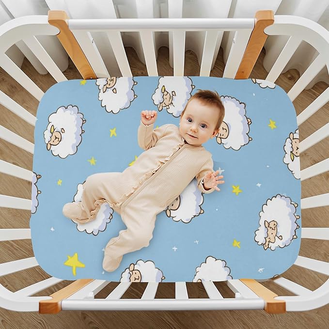Sheep and Stars Blue Crib Sheets Standard Crib Toddler Mattresses Cover Fitted Baby Bed Sheet Breathable Crib Mattress Sheet for Girls Boys 52" x 28"x5''