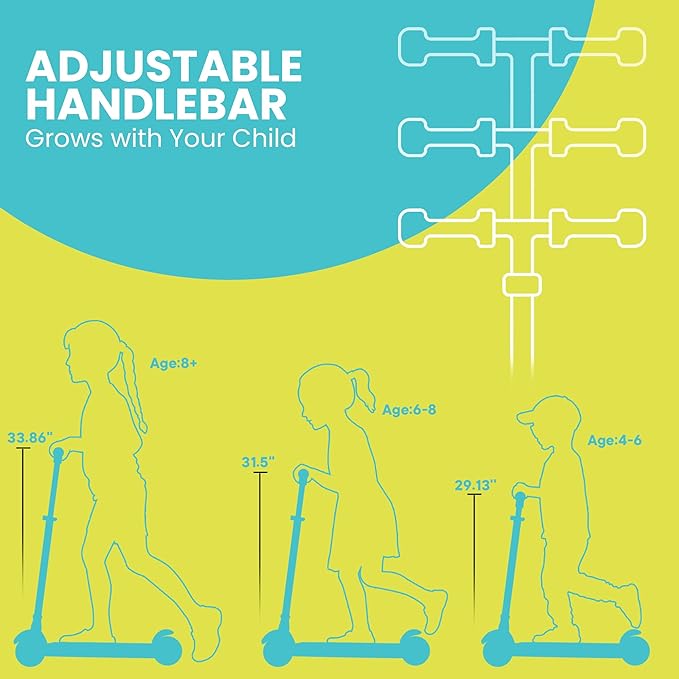 Dribbl 3-Wheel Kids Scooter - Lean-to-Steer Technology, Adjustable Height Handlebar, Wide Deck, Scooter for Boys & Girls Ages 3+, Child Safety Approved, Support Riders Up to 165 lbs, Aqua and Yellow