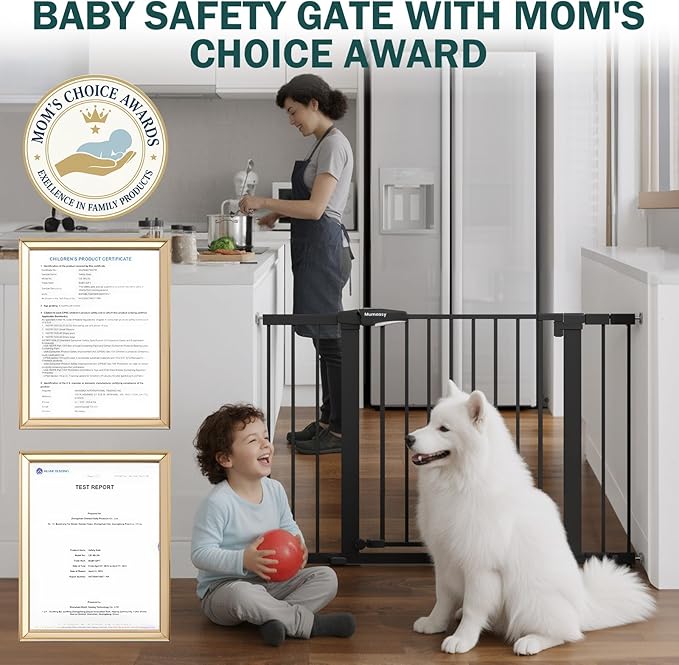 Mumeasy 36" Extra Tall Dog Gate, Auto Close Baby Gate for Stairs Doorways, 29.7-46" Wide Walk Thru Child Safety Gate for House, Easy Install Pressure Mounted Metal Pet Gate with Door, Black