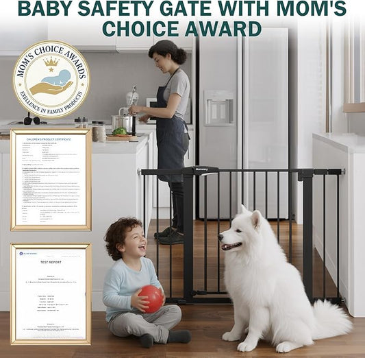 Mumeasy 36" Extra Tall Dog Gate, Auto Close Baby Gate for Stairs Doorways, 29.7-46" Wide Walk Thru Child Safety Gate for House, Easy Install Pressure Mounted Metal Pet Gate with Door, Black