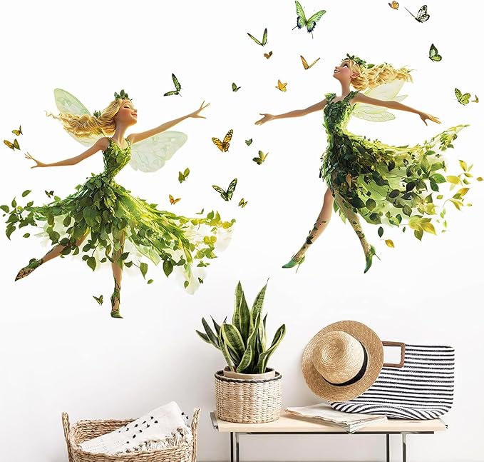 DRWSSR Removable Two Cartoon Green Butterfly Elf Girl Decals Fairy Wall Decals DIY Lovely Dancing Girl Wall Stickers Peel and Stick Butterflies Art for Girls Room Living Room Bedroom Bathroom Decor