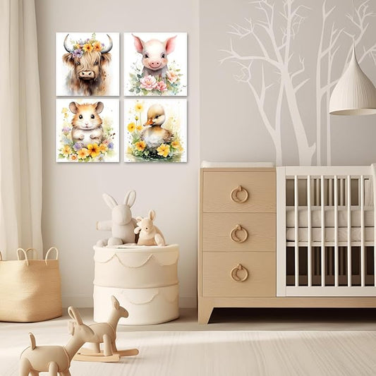 LYUNSHUO Nursery Wall Decor Cute Rustic Farmhouse Animal Canvas Print Wall Art Cow Pig Hamster Duck Poster Artwork for Home Decor Gallery Wrap Ready to Hang(Art-4,16.00"x16.00"x4P)