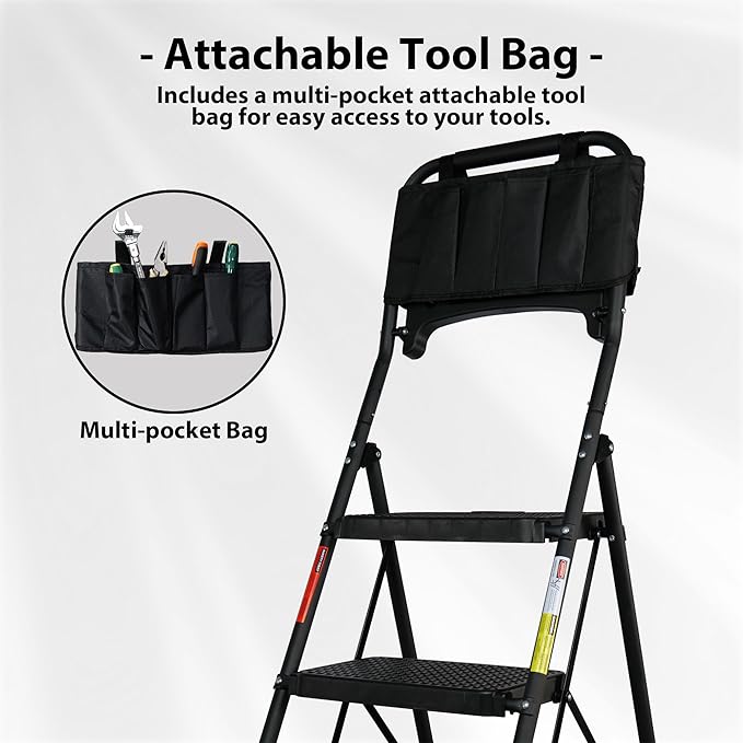 BONTEC 5-Step Ladder, 400lbs Max Load, Folding Step Stool with Tool Tray, Tool Bag, Handrails, Wide Anti-Slip Pedals, Sturdy Steel Ladder for Household & Work Use, Black