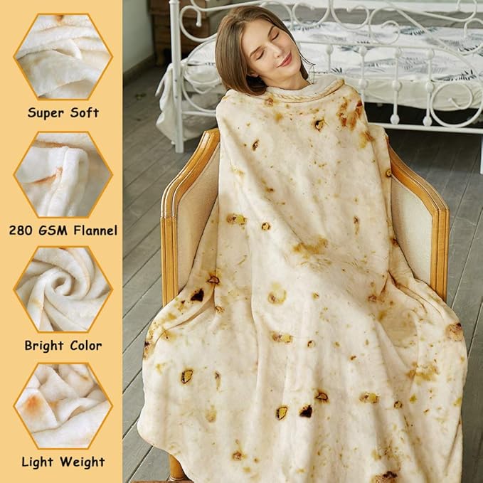 SeaRoomy Burritos Tortilla Throw Blanket, Tortilla Wrap Blanket, Novelty Funny Giant Tortillas Round Blankets Soft Cozy Blankets (Light Yellow, 60 inches-Double Sided)