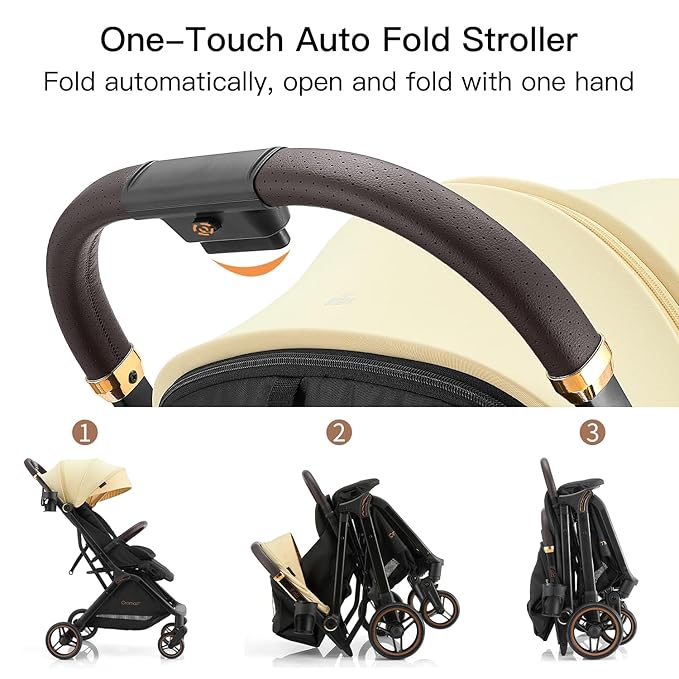 Gravity Folding Baby Stroller - Portable Travel Toddler Stroller w/Adjustable Backrest, Canopy, Footmuff & Cup Holder, Lightweight and UV Protected, One-Hand Automatic Folding - Beige