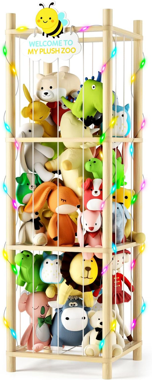 Hsenowi Stuffed Animal Storage Zoo Organizer Natural Pine Plushies Storage with Elastic Bands Vertical Wood Toy Holder Mesh Net Space Saving Design for Playroom Nursery Kids Bedroom
