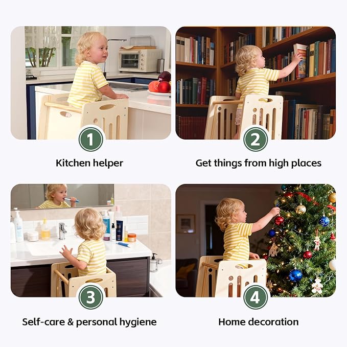 Toddler Standing Tower, Height-Adjustable Step Stool for Kids,Easy to Assemble and Move,Nursery Step Stool for Kitchen and Bathroom,an Assistant for Cultivating Your Child's Independence-Natural