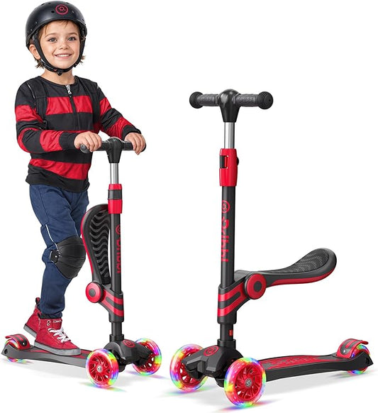 Black and Red 3 Wheel Scooter with Seat for Kids, Light-Up Wheels, Adjustable Lean to Steer Handlebar and Seat, Smooth Wheels, Wide No-Slip Deck, Rear Foot Brake, Toddler Outdoor Toys for Ages 2+