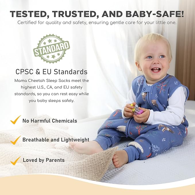 Mama Cheetah Toddler Sleep Sack with Feet 3T - 4T, 2.5 TOG Organic Cotton Baby Sleeping Bag with Legs, Baby Wearable Blankets for Walkers w/ 2-Way Zipper, Baby Sleep Sack for Girls & Boys, Large