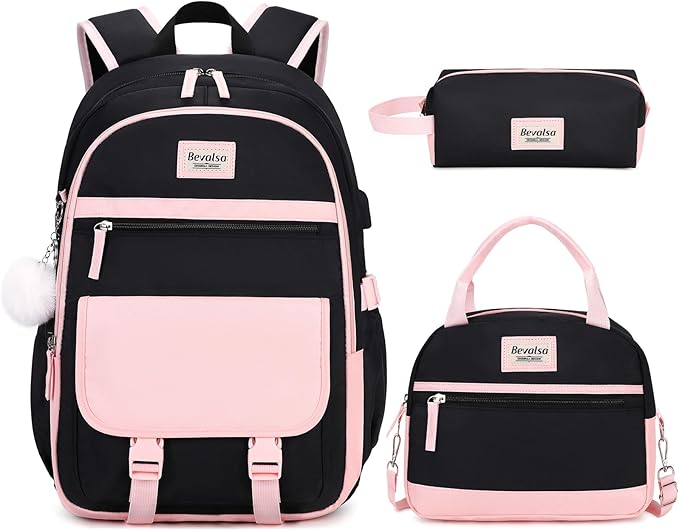 Bevalsa Backpack for Girls, School Backpacks for Girls, Kids Backpack with Lunch Box & Pencil Pouch for Teens Girl Kids Elementary Middle High School College Student Bookbag Daypack (Pink Black)