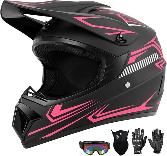 Youth Kids Dirt Bike Motocross Helmet (Goggles Gloves Face Mask) 4PCS Set, DOT Approved Girls Full Face Motorcycle Helmets, ATV BMX MX Mountain Bike Off Road Kid Helmet (Pink, S)