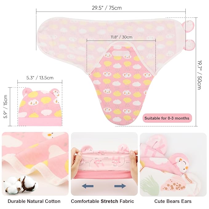 DRESHOW BQUBO 3 Pack Baby Swaddle Sleep Sacks Baby Swaddling Blanket Wrap Newborn Swaddle Sack with Bear Ears Hat for Boys Girls 6-12 Lbs Newborns & 0-3 Months Girls Boys