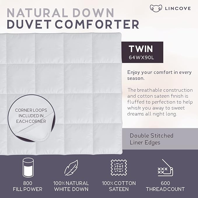 Down Alternative Comforter – Corner Loops in Each Corner, 400 Thread Count 100% Cotton Sateen Shell, Soft and Plush Feel, Twin Size: 64”x90”