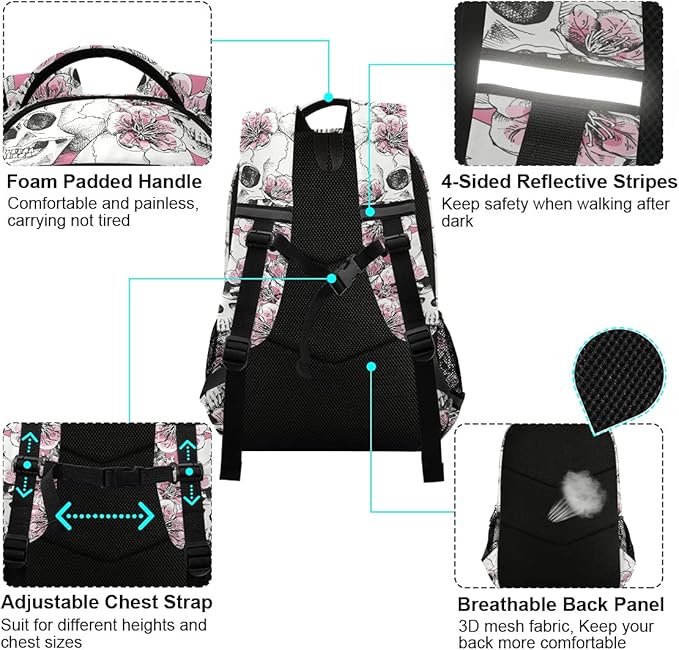 MNSRUU School Backpack with Chest Strap, Halloween Skull Flowers And Pink Cherries Laptop Backpack, Travel Hiking Backpack for Boys Girls, Rucksack, Knapsack