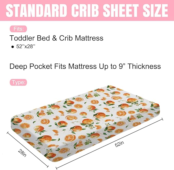 Watercolor Oranges Baby Crib Sheets 52''x28'' Retro Oranges Floral Leaves Stretchy Fitted Crib Mattress Cover for Boy Girl Boho Summer Fruits Soft Bed Sheets for Standard Crib Toddler Mattress