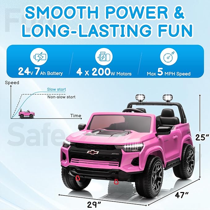 Winado 24V Licensed Chevrolet Colorado Electric Car for Kids, Ride on Toys for Toddlers with Remote Control, 2 Seater Electric Car Ride On Vehicle w/Bluetooth, Soft Start, LED Lights - Pink