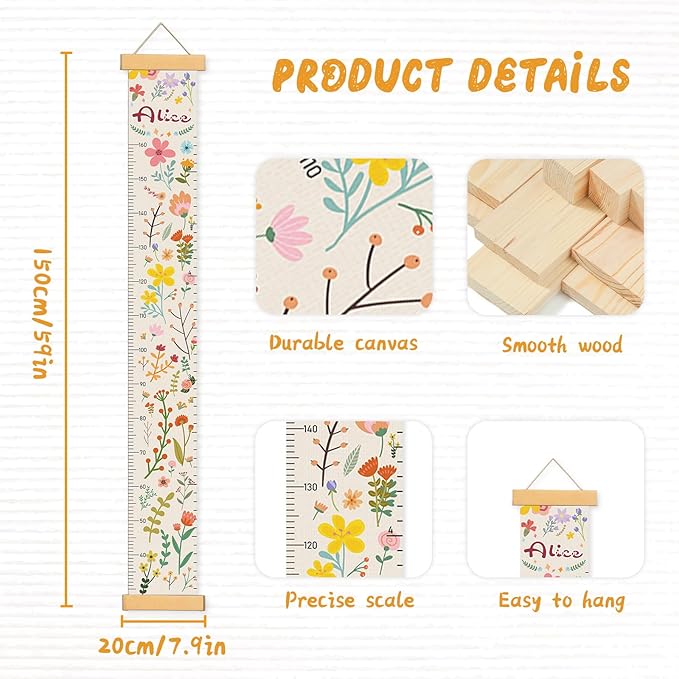 Woodemon Personalized Name Growth Chart for Wall, Painted Plants Canvas Height Chart for Kids Baby Child Toddler, Canvas Growth Chart for Wall Nursery Decor, Hangable & Waterproof