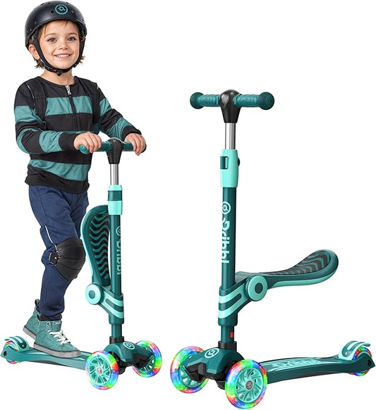 Aqua 3 Wheel Scooter with Seat for Kids, Light-Up Wheels, Adjustable Lean to Steer Handlebar and Seat, Smooth Wheels, Wide No-Slip Deck, Rear Foot Brake, Toddler Outdoor Toys for Ages 2+
