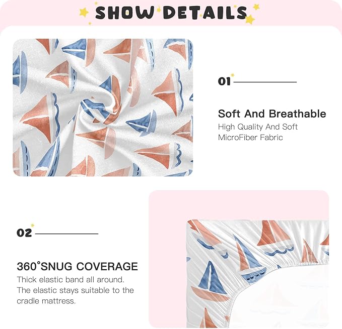 Baby Crib Sheets Fitted Crib Sheet Standard Crib and Toddler Mattress for Boys Girls 39 * 27in Pink Starfish Shell Pattern (Watercolor Sailboats Pattern, Medium)