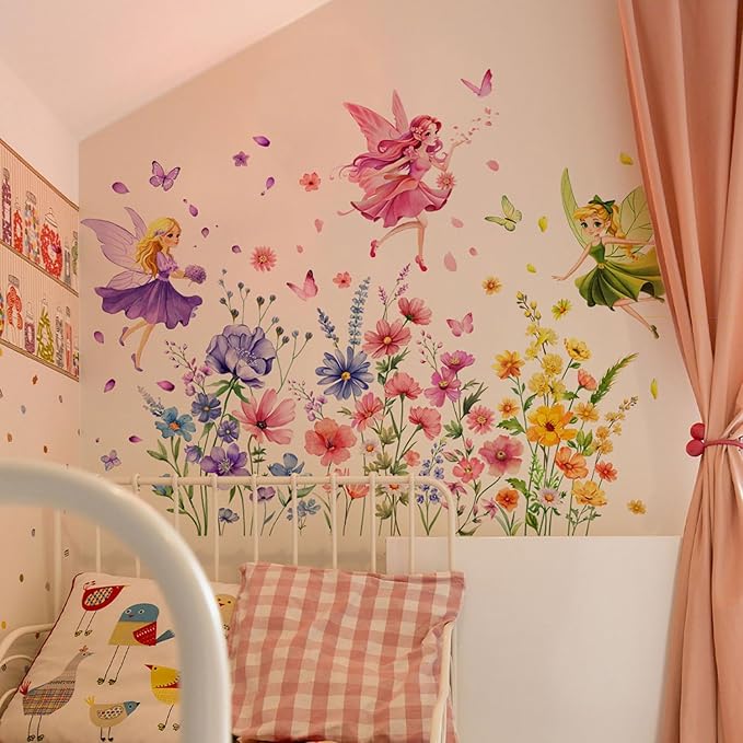 CharmFlo Fairy Wall Decals Wildflower Butterfly Wall Stickers Removable Vinyl Wall Art DIY Florals Peel and Stick for Girls Bedroom Living Room Kids Room Baby Nursery Wall Decor