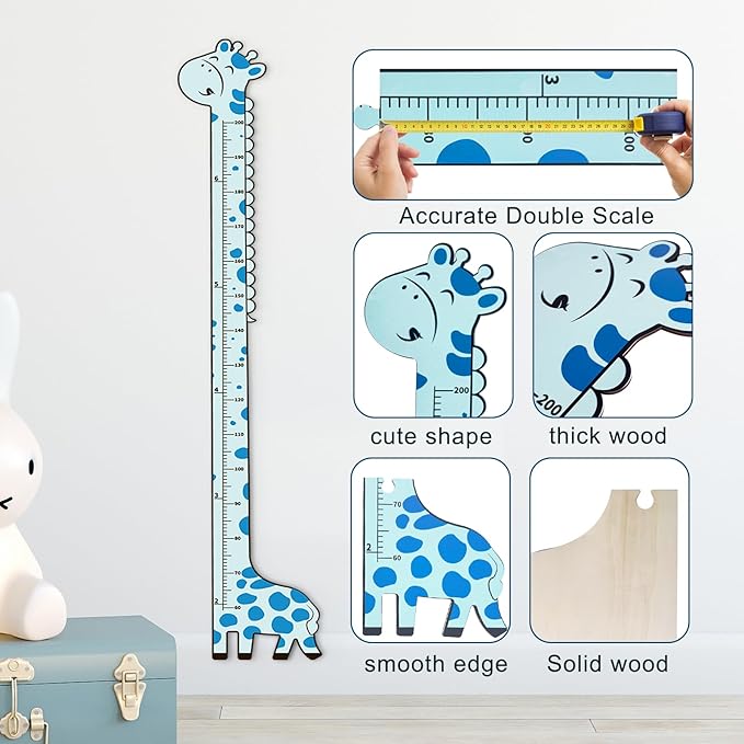Wooden Growth Chart for Kids,Giraffe Height Chart for Boy Girls,Measuring Board for Kids Height,for Child's Room,Nursery Decor Decoration Wall Art (Blue Giraffe)