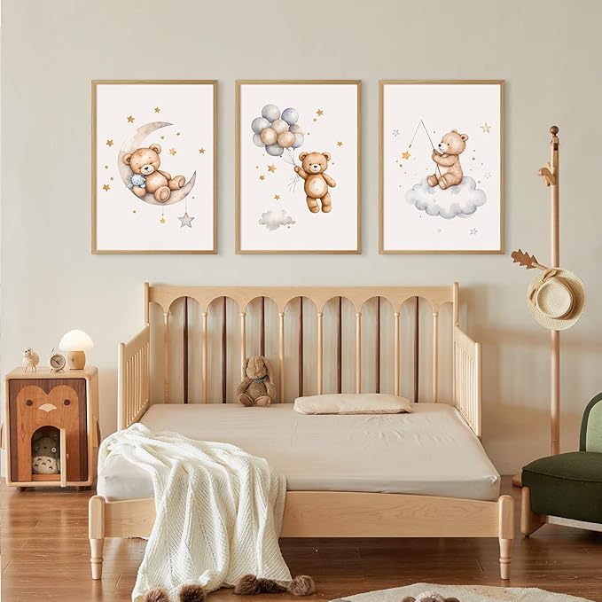 Baccone Teddy Bear Nursery Wall Art Decor Baby Boy Girl Room Poster Vintage Nursery Canvas Wall Decor Toddler Kids Room Pictures Cute Bear Neutral Artwork for Bedroom Playroom 16x24 Unframed Set of 3