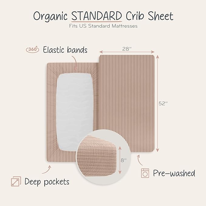 Crib Sheets – Organic Cotton Muslin Fitted Crib Sheet – Standard Size for Baby Boy and Baby Girl 28" x 52" Ultra-Soft and Breathable. (Natural Stripe)