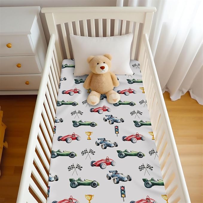 Cute Race Trophy Flag Traffic Light Baby Crib Sheet for Boys & Girls 28x52 Inch Transportation Vehicles Bed Sheet for Standard Crib and Toddler Mattress Crib Sheets Flag One Size