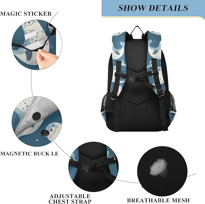Jucciaco Seal Cartoon School Backpack Laptop Travel Backpack for Kids Girls Boys, Computer Notebooks Bookbag with Reflective Stripes