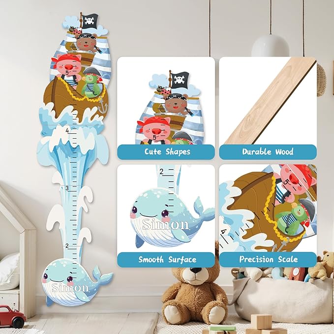 Woodemon Personalized Growth Chart for Wall, Whale Shape Height Chart for Kids, Customize Growth Measuring Board for Girls Boys Teen Room Nursery Wall Decor