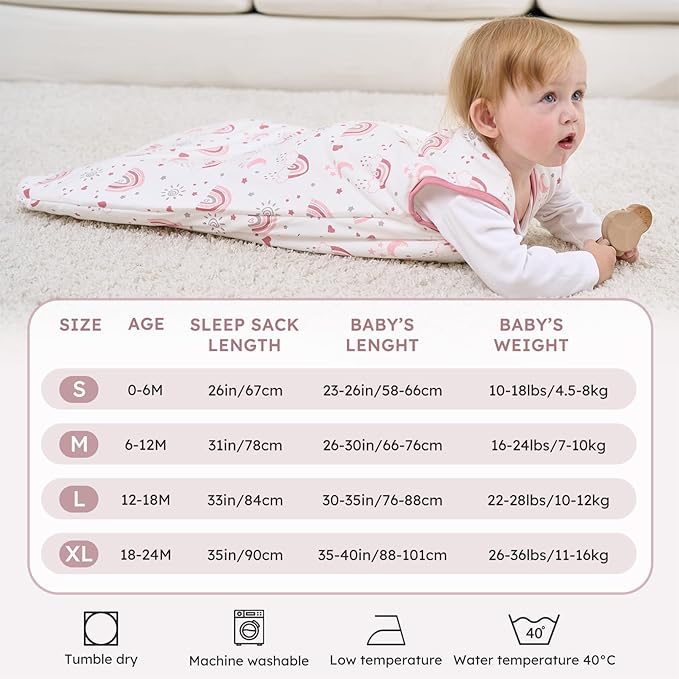 Baby Sleep Sack 12-18 Months, 2.5 TOG Cotton Winter Baby Wearable Blanket with 2-Way Zipper, Warm Soft Sleeping Bag for Toddler Boy Girl, Large Rainbow