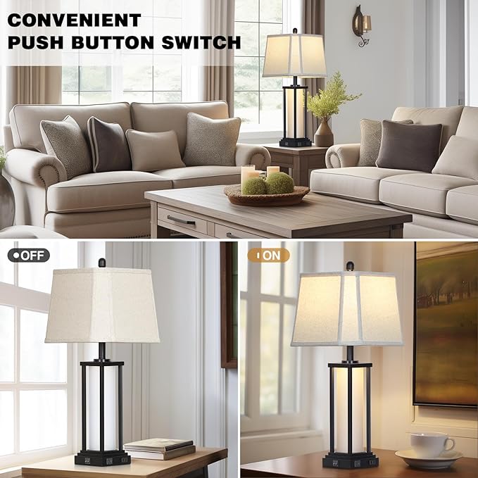 Cinkeda 27" Tall Vintage Table Lamp Set of 2 with USB C+A & Outlet,Black Industrial End Table Lamp for Living Room,Farmhouse Rustic Bedside Lamps with Bell Lampshades for Bedroom Nightstand,Black
