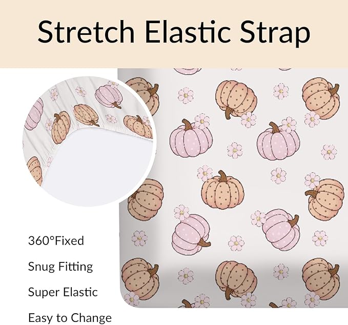 Fall Pumpkin Boho Flower Baby Crib Sheets Autumn Thanksgiving Harvest Baby Sheet Fitted Crib Mattress Cover Pastel Pumpkins Floral Standard Toddler Mattress 52''x28''