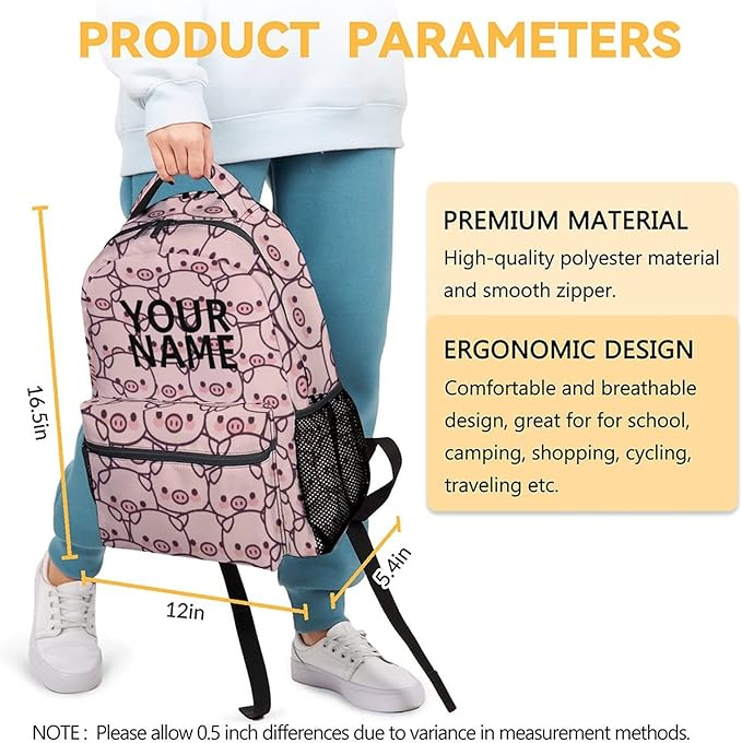 AIOMXZZ Personalized Pig Backpack Gifts with Text Name, 16 Inch Cute Pig Bookbag Durable, Lightweight, Large Capacity, Funny Animal Backpack for School Girls Kids Women