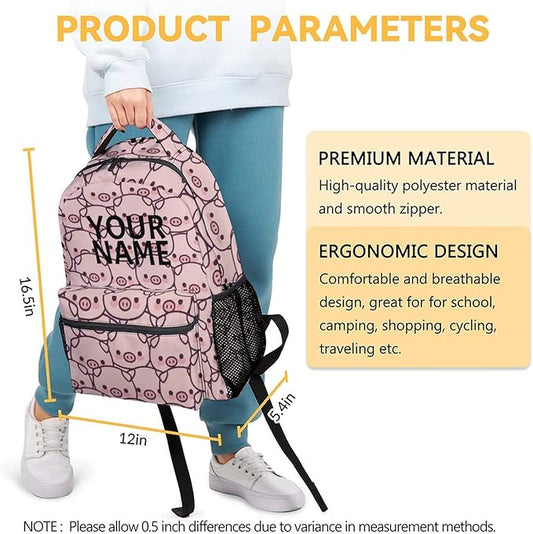 AIOMXZZ Personalized Pig Backpack Gifts with Text Name, 16 Inch Cute Pig Bookbag Durable, Lightweight, Large Capacity, Funny Animal Backpack for School Girls Kids Women