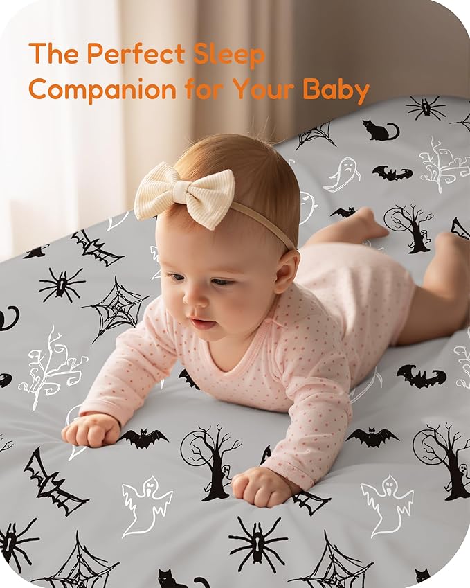 Halloween Pack and Play Sheets Fitted, Mini Crib Sheets 2-Pack for Pack N Play Mattress, Pink, Pumpkin, Black Cat