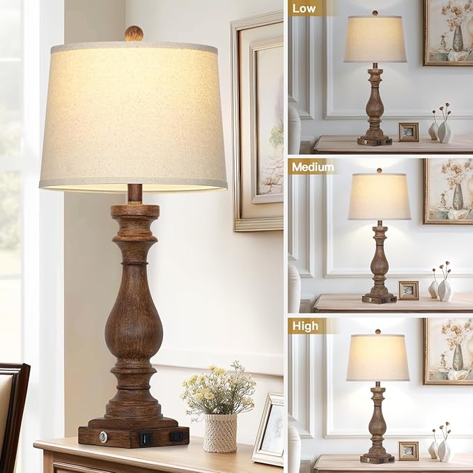 Cinkeda 29" Tall Farmhouse Table Lamp for Living Room Set of 2,Vintage Retro Nightstand Lamps with USB C+A Ports & AC Outlet,3-Way Dimmable Touch Bedside Lamp for Bedroom Side Table,Brown