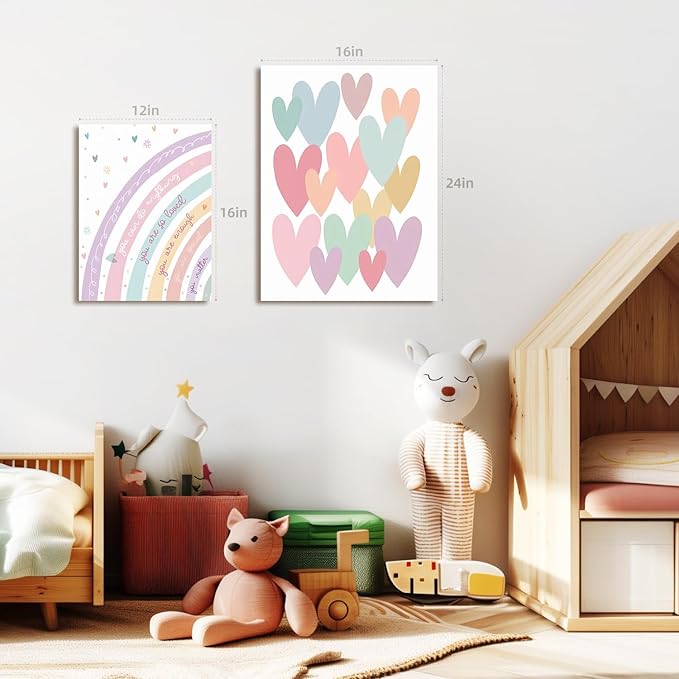 LLEEMPI Framed Pink Heart Sun Rainbow Wall Art Set of 3, Baby Room Wall Decor, Boho Rainbow Nursery Canvas Painting, Classic Minimalist Poster Prints for Bedroom Bathroom Classroom 16x24 Inch