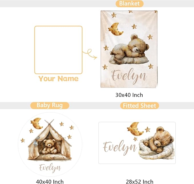 Custom Baby Bedding Set, 3 Pcs Personalized Name Crib Bedding Set for Nursery, Soft Double Layer Baby Crib Set for Boys Girls, Customized Gifts for New Parents Infants Toddlers, Brown Bear